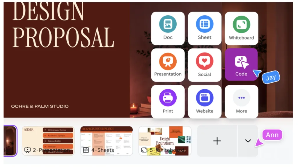Tangkapan layar antarmuka Canva Code 2.0 yang menampilkan fitur drag-and-drop dan kolom prompt AI untuk membangun landing page.